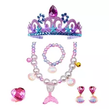 Kit Colar Pulseira Brincos Anel Coroa Sereia Infantil Ariel