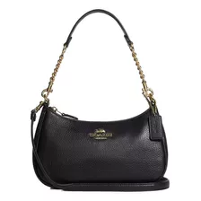 Bolsa Coach Original Autentica Teri Shoulder Bag Cuero Negro Acabado De Los Herrajes Dorado Diseño De La Tela Liso