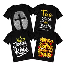 Kit 4 Camiseta Blusa Gospel Cristã Jesus Evangélica Preta Fé