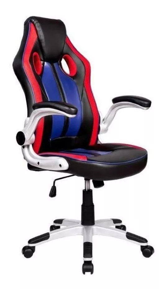 Cadeira De Escritório Pelegrin Pel-3009 Gamer  Vermelha, Preta E Azul Com Estofado De Couro Sintético