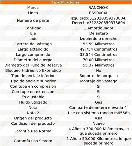 (1) Amortiguador Del Rs9000xl Gas Der O Izq H3 Hummer 06/09 Foto 2