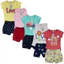 Kit 10 Peças Roupa Infantil Menina 5 Blusas + 5 Shorts