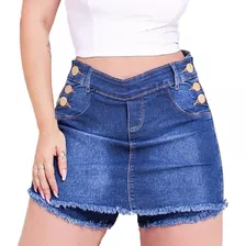Shorts-saia Jeans Feminino Linda Desfiado Botão Elastano