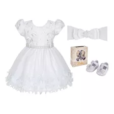 Kit Vestido Menina Batizado Bebe Branco + Sapatinho E Laço