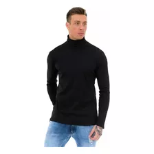 Suéter Canelado Manga Longa Gola Alta Slim Masculino Preto