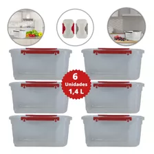 Kit 6 Potes Plástico Transparente Tampa Trava Alimentos 1,4l