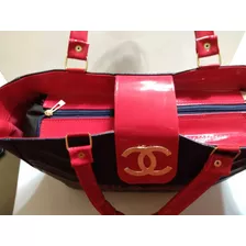 Bolsa Azúl Marino Con Rojo Chanel New 45 Cm 