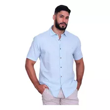 Camisa Manga Curta Casual Masculina Ogochi Slim Azul