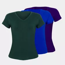 Kit 3 Blusa Camiseta Baby Look Feminina Gola V Basica Lisa