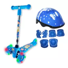 Patinete Infantil 3 Rodas Ajustavel Azul C/ Led E Capacete