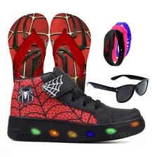 Kit Tenis Botinha De Led Homem Aranha Chinelo Oculos Relogio