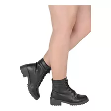 Coturno Feminino Preto Tratorado Bota De Amarrar