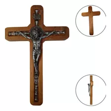 Crucifixo Jesus Cristo Metal Madeira + Medalha São Bento