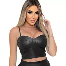 Cropped Feminino Alcinha Com Bojo Couro Sintetico