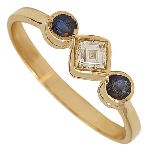 Anel De Ouro Amarelo 18k 750 Com Diamante E Safiras Azuis Amarelo 17