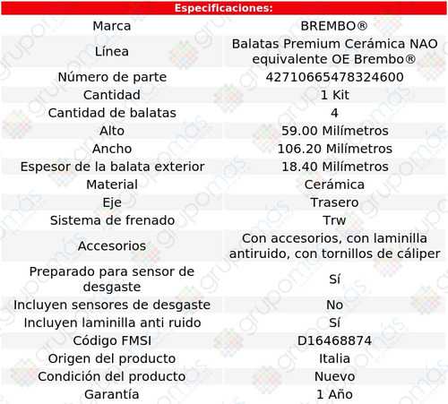 Balatas Ceramicas Tra Mercedes-benz A200 13 Al 17 Brembo Foto 3