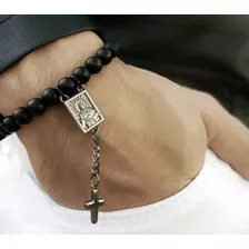 Pulseira Masculina Modelo Terço Em Pedra Natural Ônix Fosco