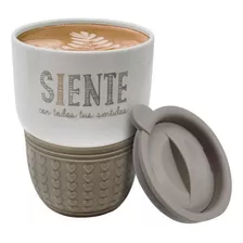 Vaso Termo Para Cafe Con Tapa Porcelana Diseño Frases 300ml Color Siente