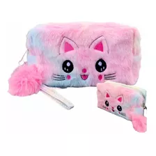 Estojo Escolar Pelúcia Com Pompom Gatinho Kawaii Arco-íris Cor Colorido