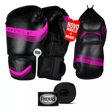 Kit Muay Thai Luva De Boxe Pro Line Rosa Bandagem 10oz