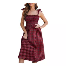 Vestido Feminino Midi Com Suspensório Xadrez Contrastante