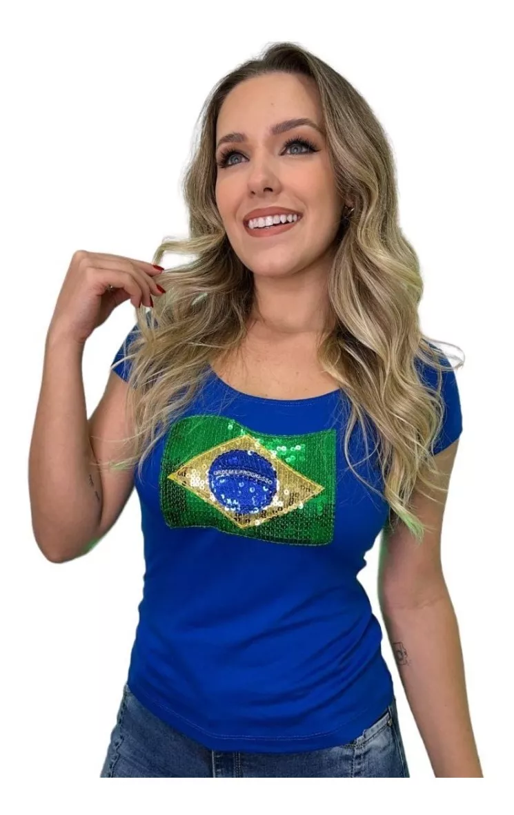 Camiseta Do Brasil Copa Blusa Feminina Baby Look Com Paetê