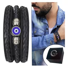 Pulseira Pingente Olho Grego Couro Preto Masculina Feminino 