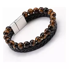 Pulsera Hombre Cuero Natural Y Piedra