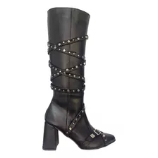 Botas Mujer Noche Tachas Caña Taco Cuero Furia 4510