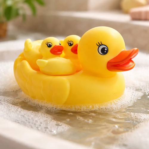 Kit Banho Bebê Infantil Patinho Mamãe C/ 3 Filhotes Bichinho Amarelo