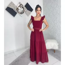 Vestido Longo Luxo Com Babada Na Mangas E Reda Na Cintura