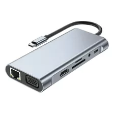 Hub Usb Tipo C 10 En 1 Aluminio Hdmi 4k Sd Rj45 Pd Vga Aux