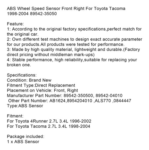Sensor De Abs Delantero Derecho Para Toyota Tacoma 1998-2004 Foto 7