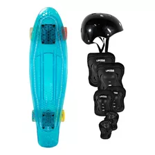 Kit Juvenil Patineta Penny Transparente Led + Protecciones Color De Las Ruedas Azul Negro