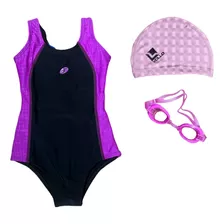 Kit Maiô Forrado Lycra + Óculos + Touca Pu Natação Infantil