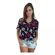 Camisa De Botão / Saida De Praia Letras Coloridas Escura