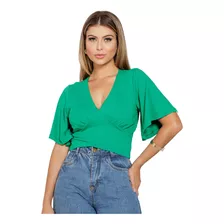 Blusa Cropped Decote V Manga Ampla Elegante Envio Rápido