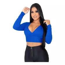 Cropped Canelado Manga Longa Gola Alta C/ Decote De Frio Top