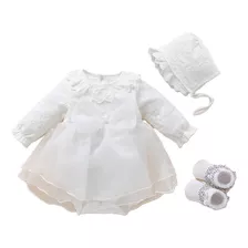 Conjunto Blanco Para Bebe, Vestido, Gorro, Calcetas Mod2