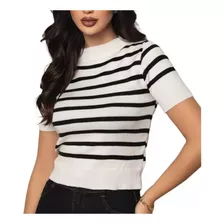 Blusa Cropped Trico Feminino Modal Manga Curta Listrada Moda