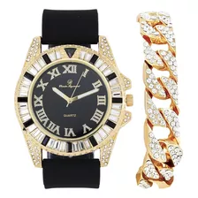 Baguette Cut Diamond Crystal Blinged Out Reloj Para Hombre M