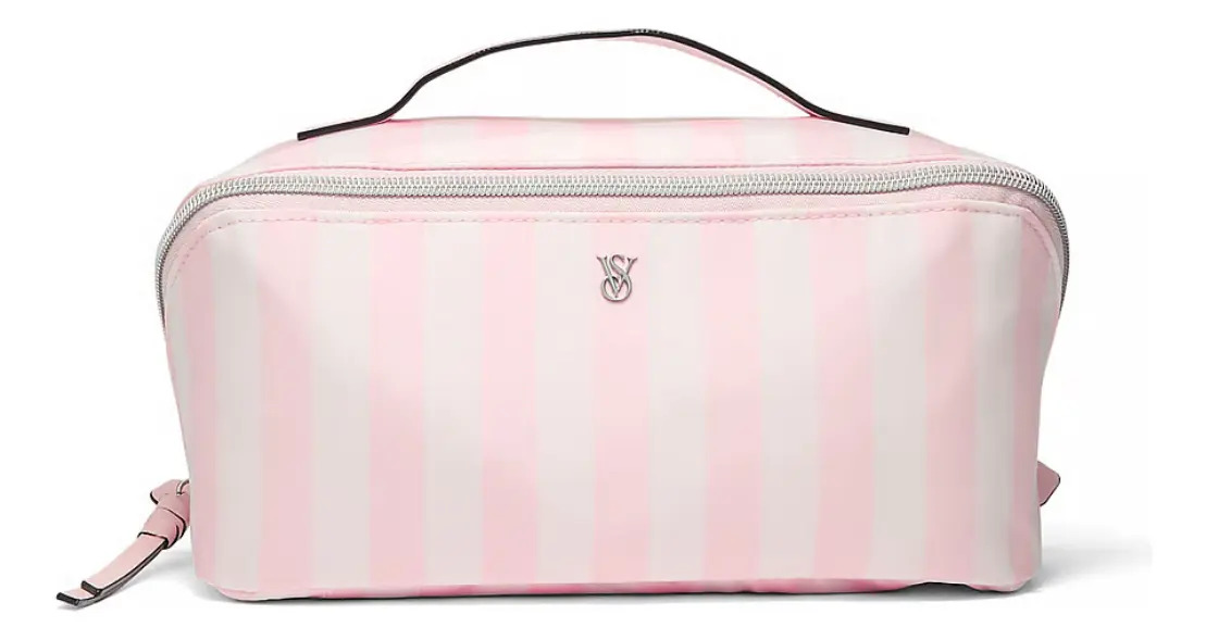 Bolso De Maquillaje Victorias Secret 3-piece Makeup Bag Rosa Y Blanco Rayas