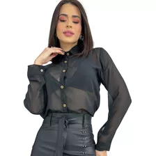 Camisa Blusa Social Transparente Manga Longa Botões