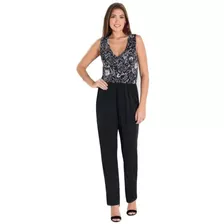 Macacão Feminino Preto E Floral Decote Transpassado Social