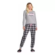 Pijama Feminino Algodão Inverno Manga Longa Calça Xadrez 