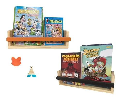 Kit 2 Prateleira Livro Infantil Fr Estreita 40cm + 2 Ganchos