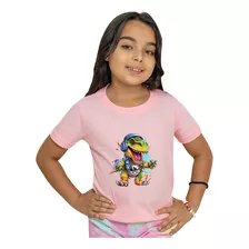 Camiseta Infantil Feminina Dinossauro Fone Ouvido 