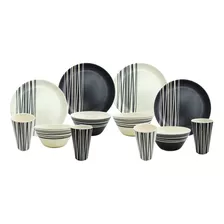 Vajilla Moderna Bambu Blanca Negra Plato Vaso 12p 4 Personas