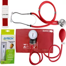 Kit Enfermagem Esfigmo + Esteto Vermelho Garrote Termômetro