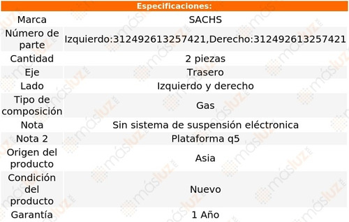 Jgo Amortiguadores Gas Tra Audi Q5 09/15 Sachs Foto 2